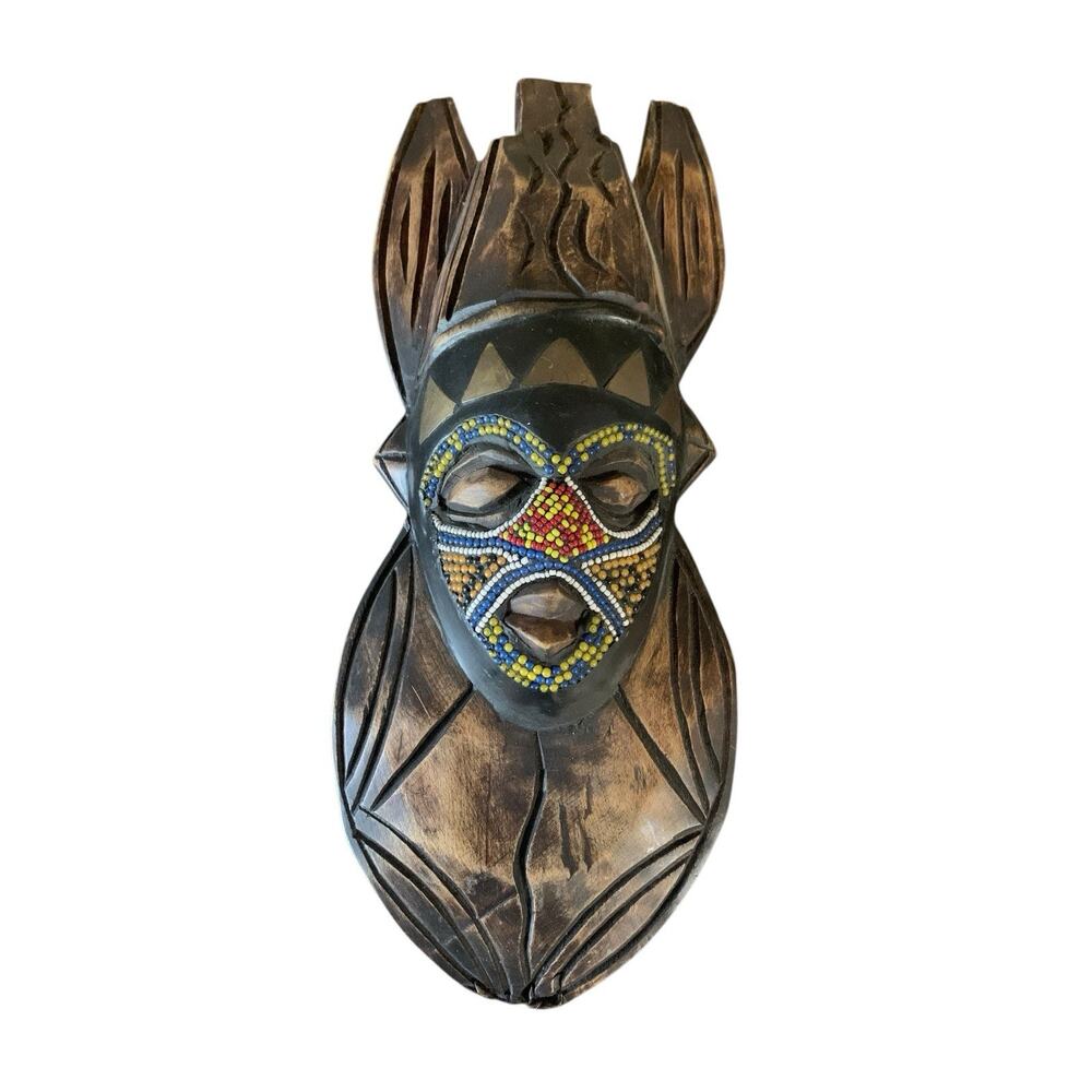 Vintage Pier 1 Ghana Yoruba Bakuta Bird Mask Beaded Brass Wood Carved Decor 13in